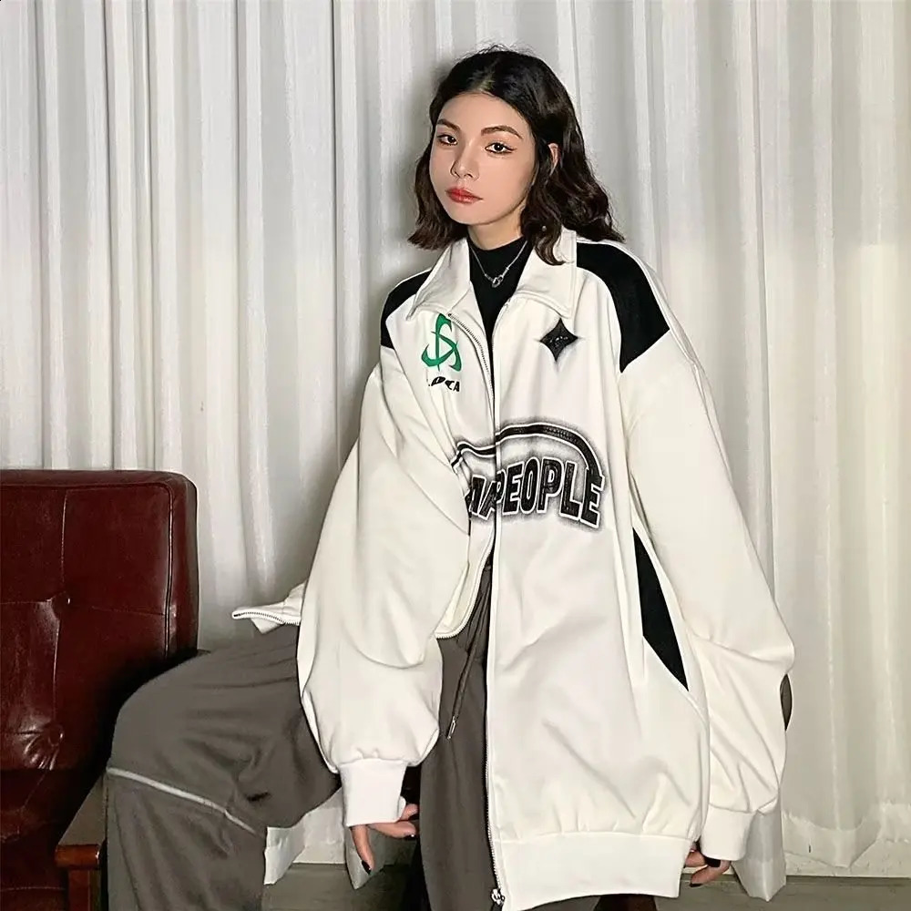 Vintage Women Sweatshirts Grunge Y2k Korean spring autumn Streetwear Black White Zip Up Hoodies Female Hip Hop Fashion Tops 240812