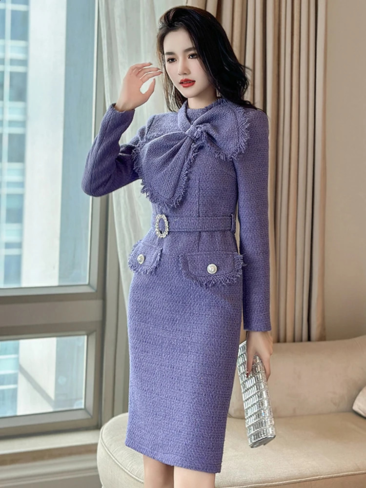 Trendy Tweed Vintage Classic Pencil Dress Women Elegant Commute Sweet Long Sleeve Slim Formal Mujer Vestidos Street Clothes 240801