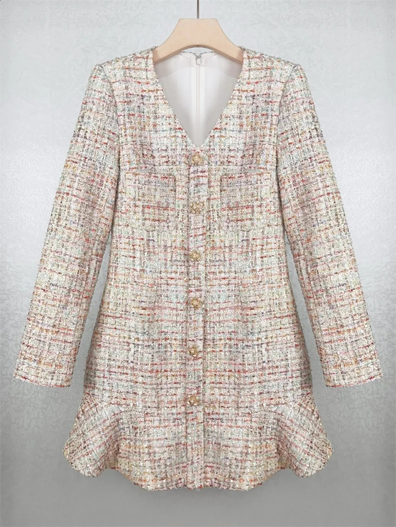 Women Long Sleeve Tweed Mini Dress Early Autumn Fashion V-Neck Single Breasted A-Line Ruffles Short Robe for Ladies 240824