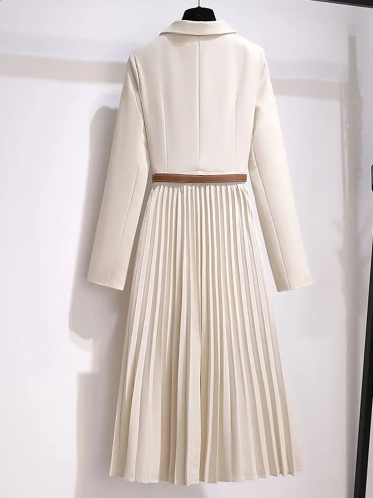 Vintage Pleated Belt Patchwork One Piece Blazer Dress Women Elegant Office Ladies Long Sleeve Notched Female Autumn Midi Vestido 240801