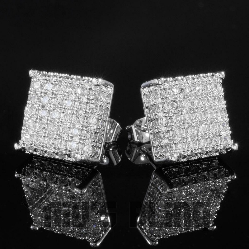 Trendy Gold / Silver Color Bling Out Iced AAA Three-dimensional Zirconia Micropave Square Hip Hop Stud Earrings for Men Woman