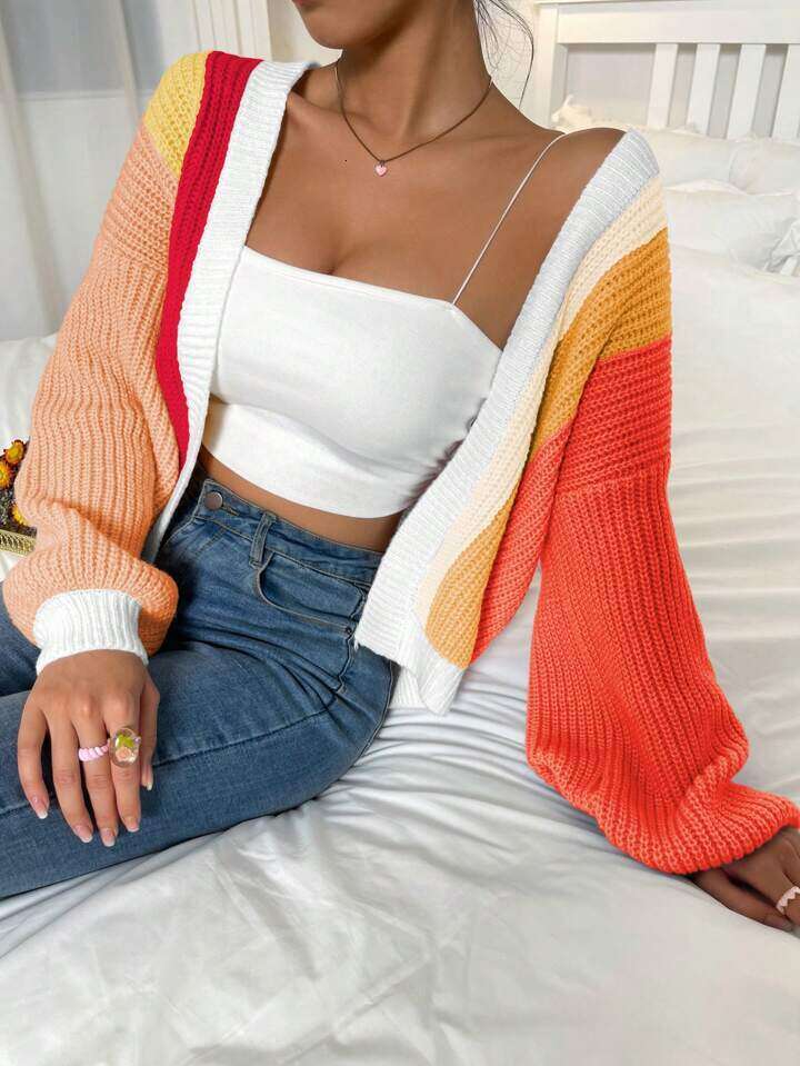 Dopamine splicing color blocking design exudes a stylish and fashionable vibe. Knitted cardigan womens lazy style long sleeved top sweater