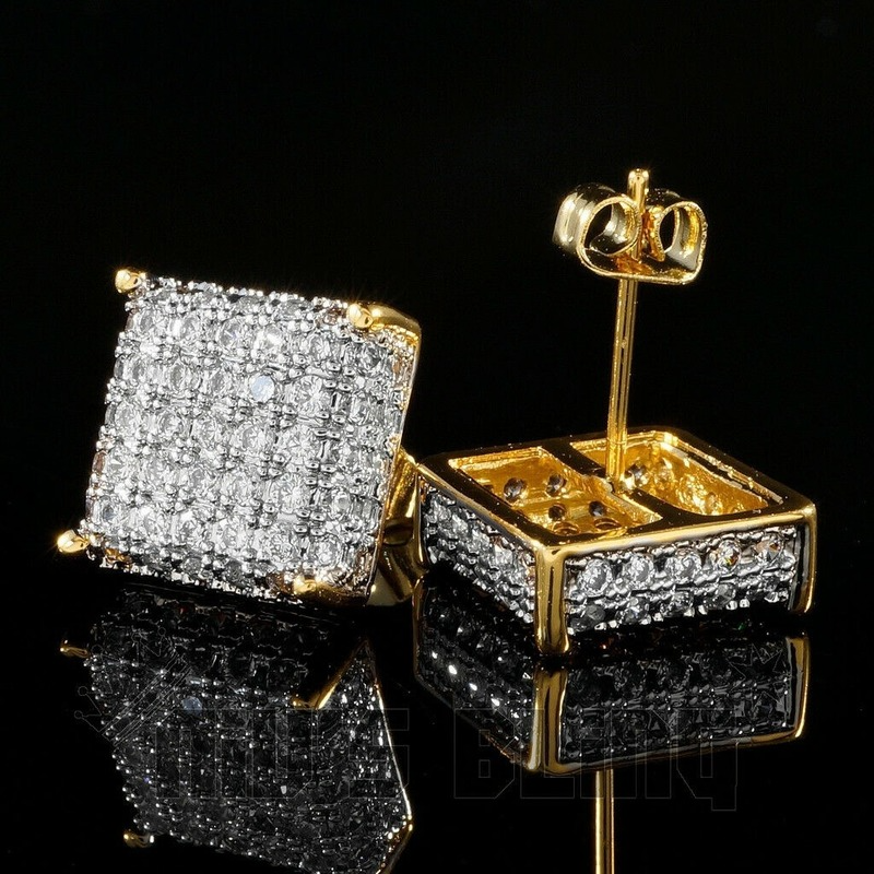 Trendy Gold / Silver Color Bling Out Iced AAA Three-dimensional Zirconia Micropave Square Hip Hop Stud Earrings for Men Woman