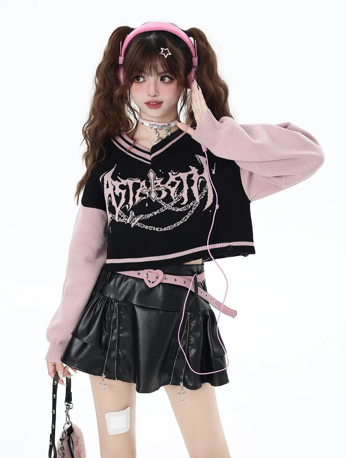 Y2k Oversized Sweater Women Gothic Punk Long Sleeve Loose Top Fall and Winter Strapless V-neck Splicing Knit Pullover 240812