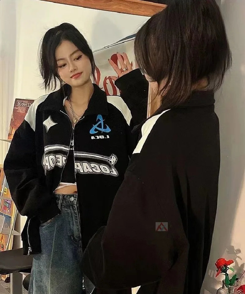 Vintage Women Sweatshirts Grunge Y2k Korean spring autumn Streetwear Black White Zip Up Hoodies Female Hip Hop Fashion Tops 240812