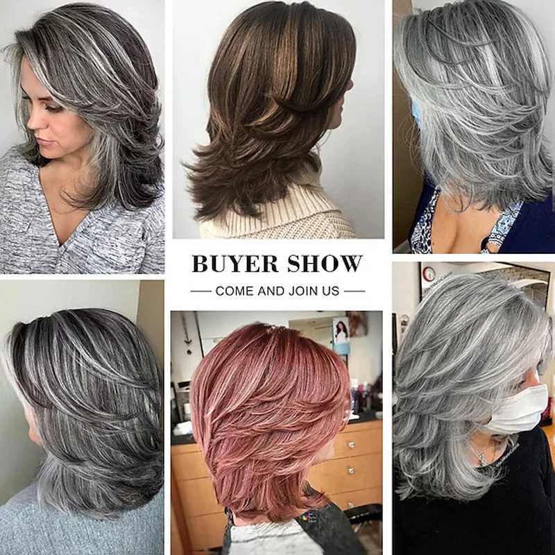 HAIRJOY Dark Grey Umbre Layered Wig with bangs suitable for black women with synthetic short hair grey high gloss straight layered Bob wig W240801
