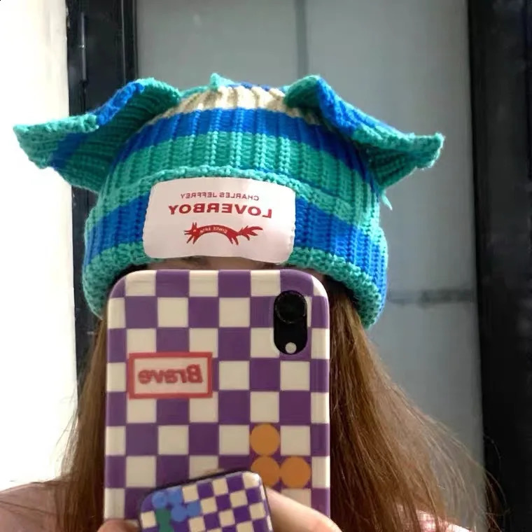 Loverboy Beanie Winter Skullies Cute Women Cat Ear Hat Crochet Knitted Hat Costume Beanie Prop Party Women Gift Hip-hop Cap240723