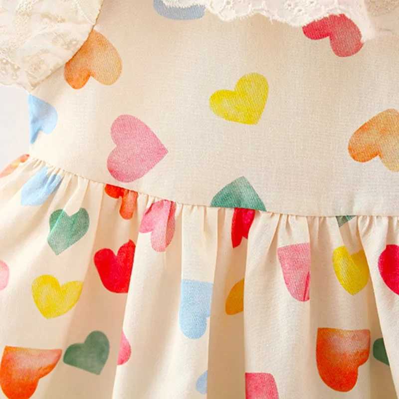 Summer New Baby Girl Dress Lace Small Sleeves Sweet Princess Dress Love Print Full Print Fold Fluffy X250220