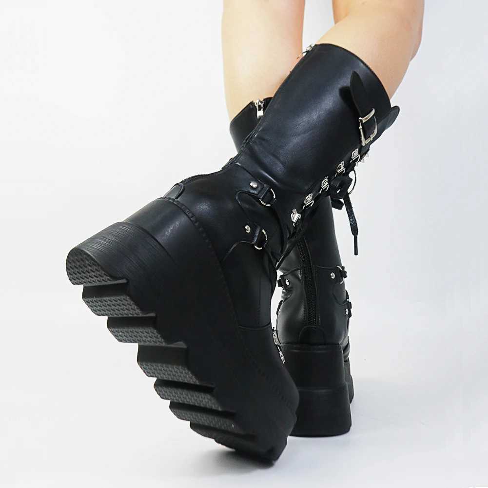 Gothic Style Platform Vampire Cosplay Women Mid-calf Boots 2023 Autumn Wedges Comfortable Woman Motorcycle Boots Shoes Plus SizeCL240801