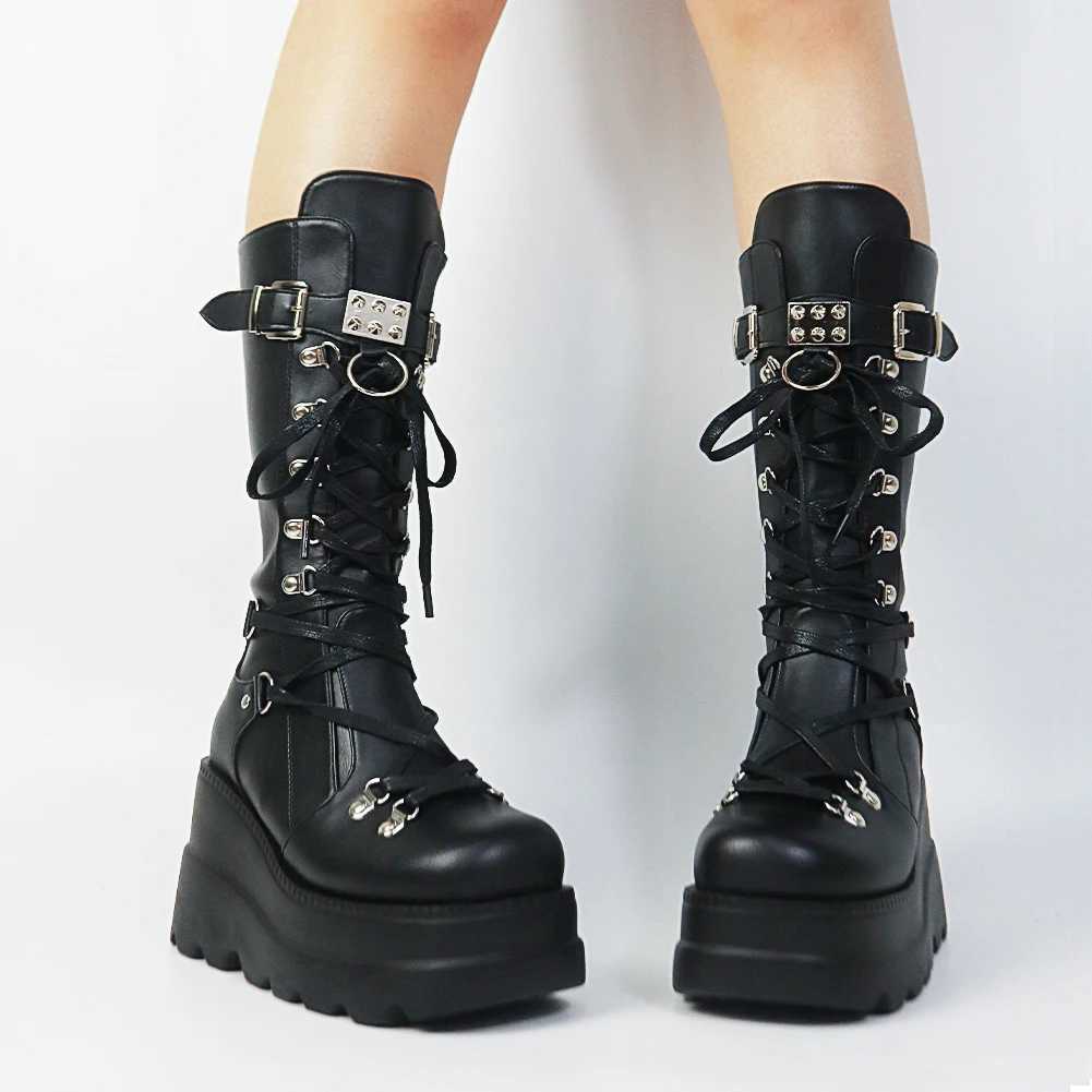 Gothic Style Platform Vampire Cosplay Women Mid-calf Boots 2023 Autumn Wedges Comfortable Woman Motorcycle Boots Shoes Plus SizeCL240801