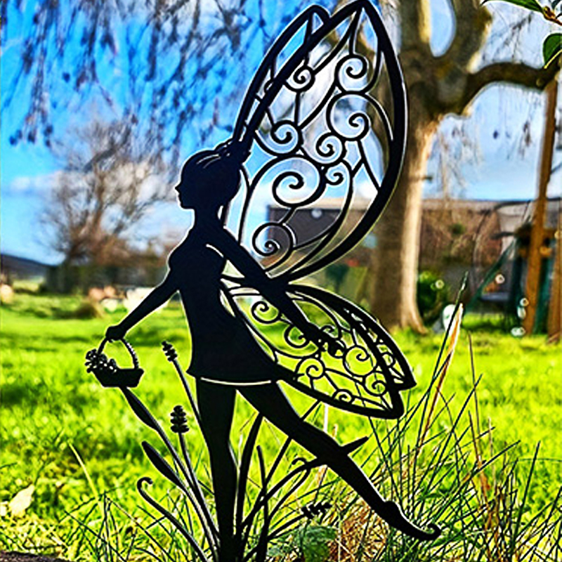 Fairy Garden Elf Metal Carrying Basket Fairy Silhouette Patio Sign For Garden Decor Outdoor Fall Decor Fence Top
