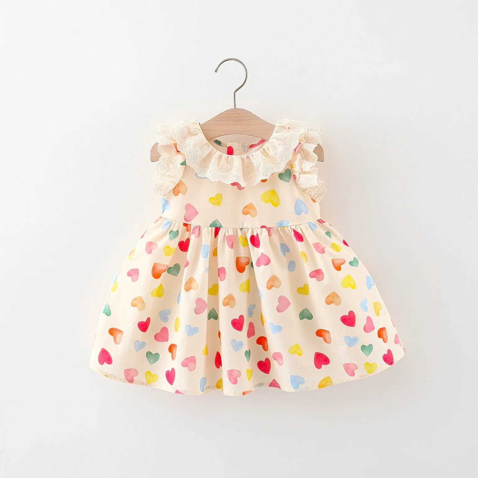 Summer New Baby Girl Dress Lace Small Sleeves Sweet Princess Dress Love Print Full Print Fold Fluffy X250220