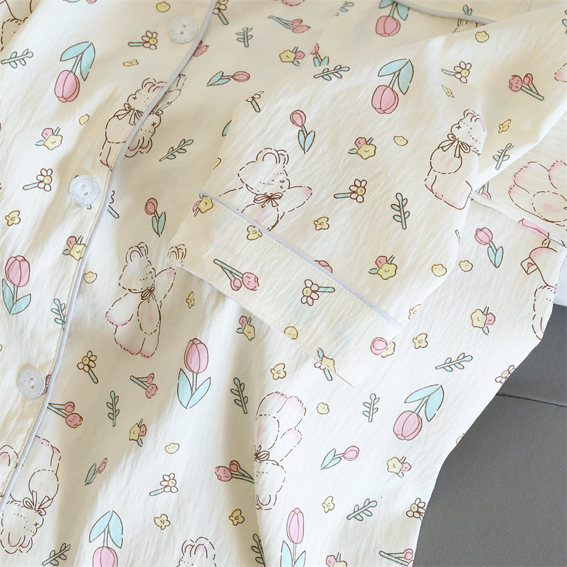 Cute Kawaii Flower Bear Pama Long Sleeve Lapel Top and Elastic Waistband Pants Set Autumn Women's Sleepwear Loungewear