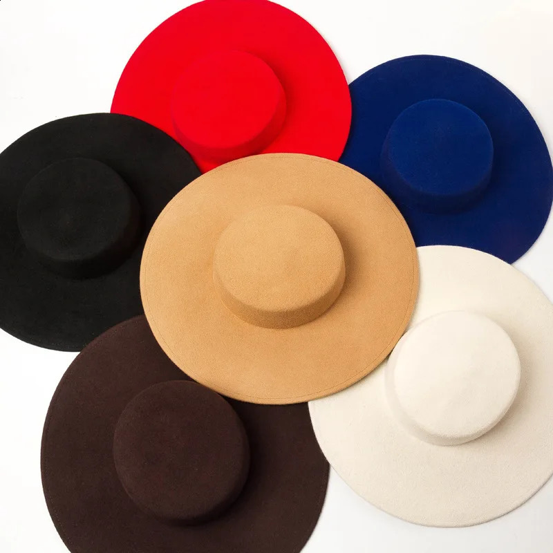 European fashion retro light flat top big brim woolen top hat catwalk stage performance modeling felt big brim hat 6 color 241227