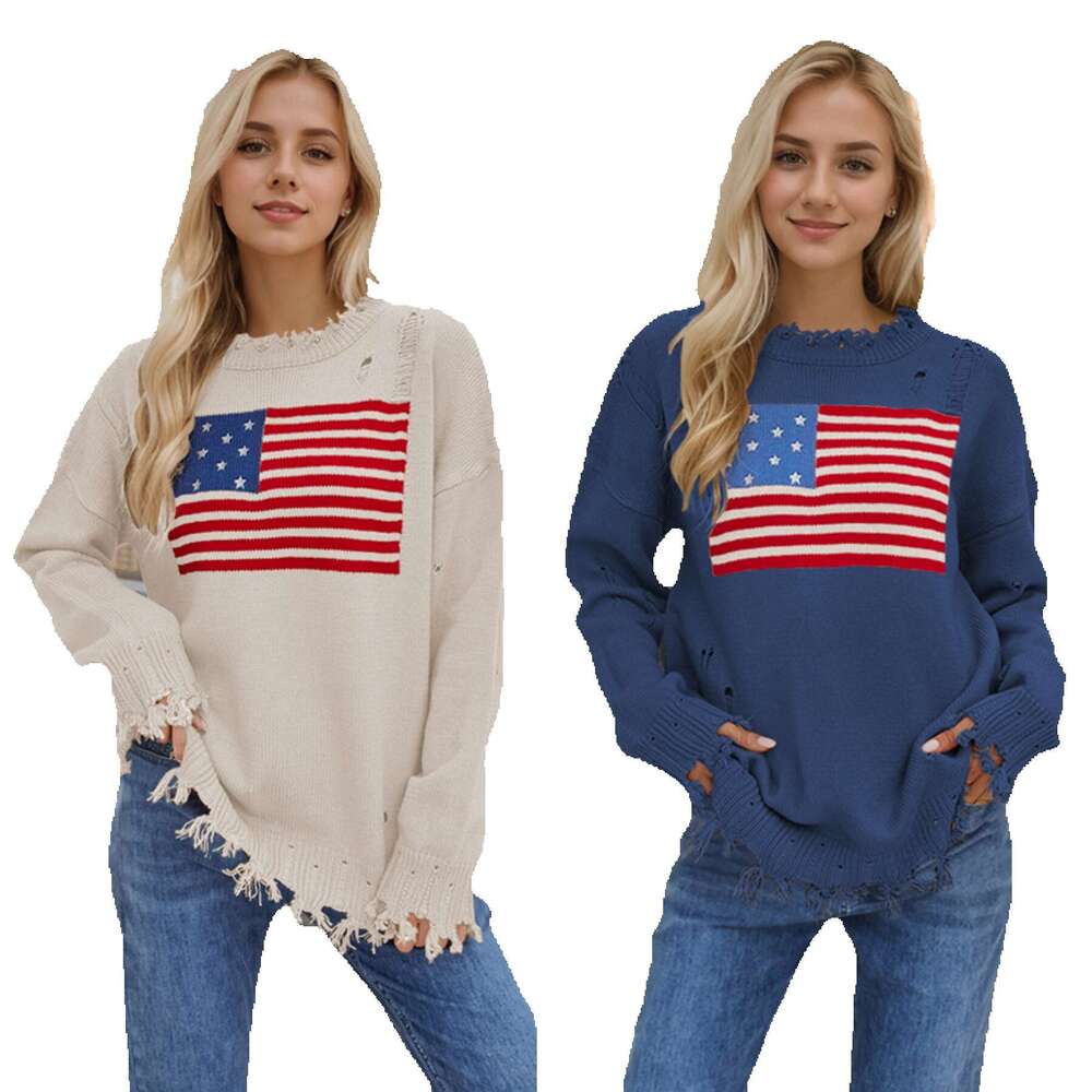 2024 Autumn/Winter New Temu Round Neck Flag Easter Independence Day Fashion Sweater for Women