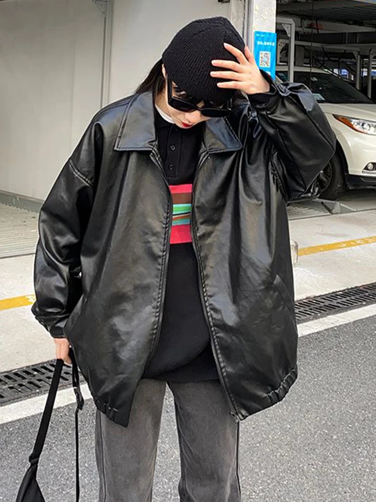 Black PU Leather Jacket Women Korean Fashion Moto Biker Zipper Jacket Female Autumn Winter Vintage Loose Long Sleeve Y2K Coat 240723