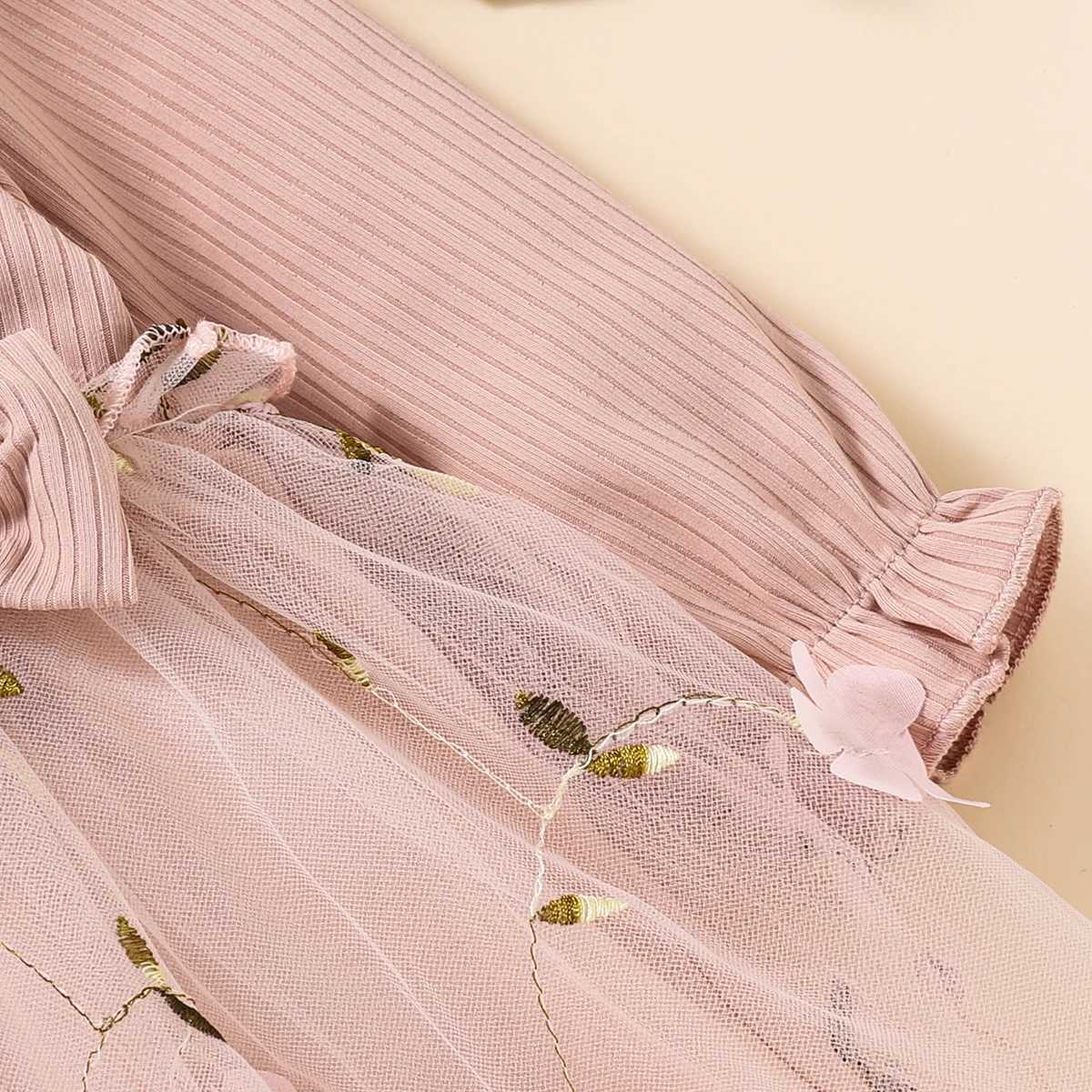 New single piece spring and autumn baby girl pink slender sleeping princess flower mesh dress X2502201
