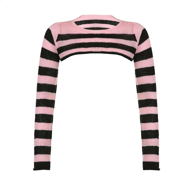 CIBBAR Vintage Y2k Cropped Sweater Smock Grunge 2000s Loose Full Sleeve Pink Striped Print Jumpers for Women Autumn Casual Chic 240812