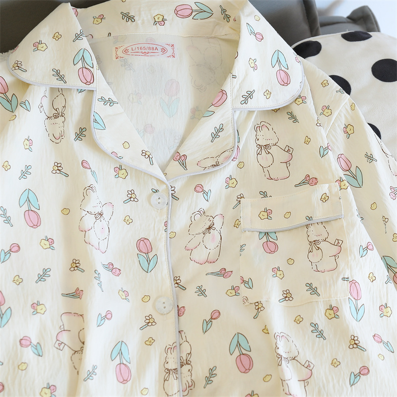 Cute Kawaii Flower Bear Pama Long Sleeve Lapel Top and Elastic Waistband Pants Set Autumn Women's Sleepwear Loungewear