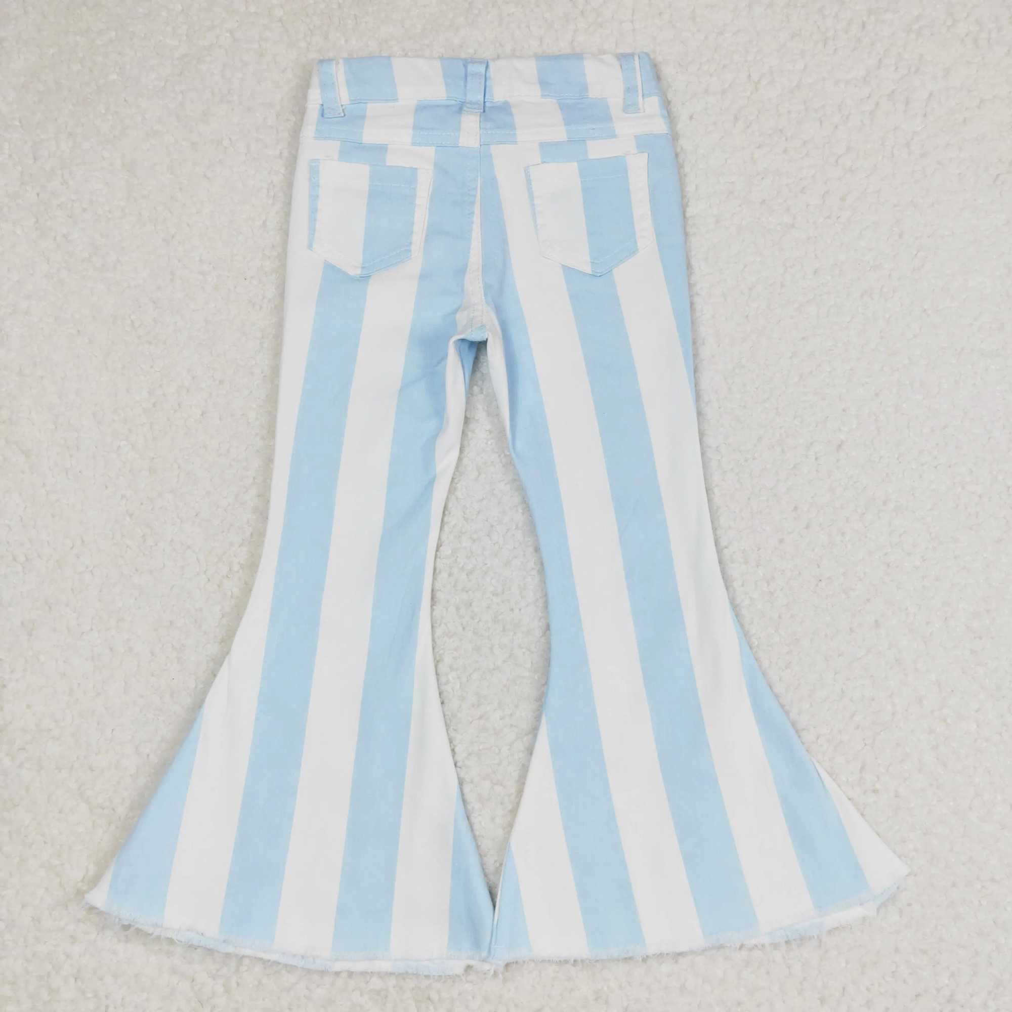 Wholesale Baby Girl Zipper Denim Trousers Blue Stripes Kids Jeans Children Toddler Flared Bell Bottom Pocket Resizable Pants Y240801