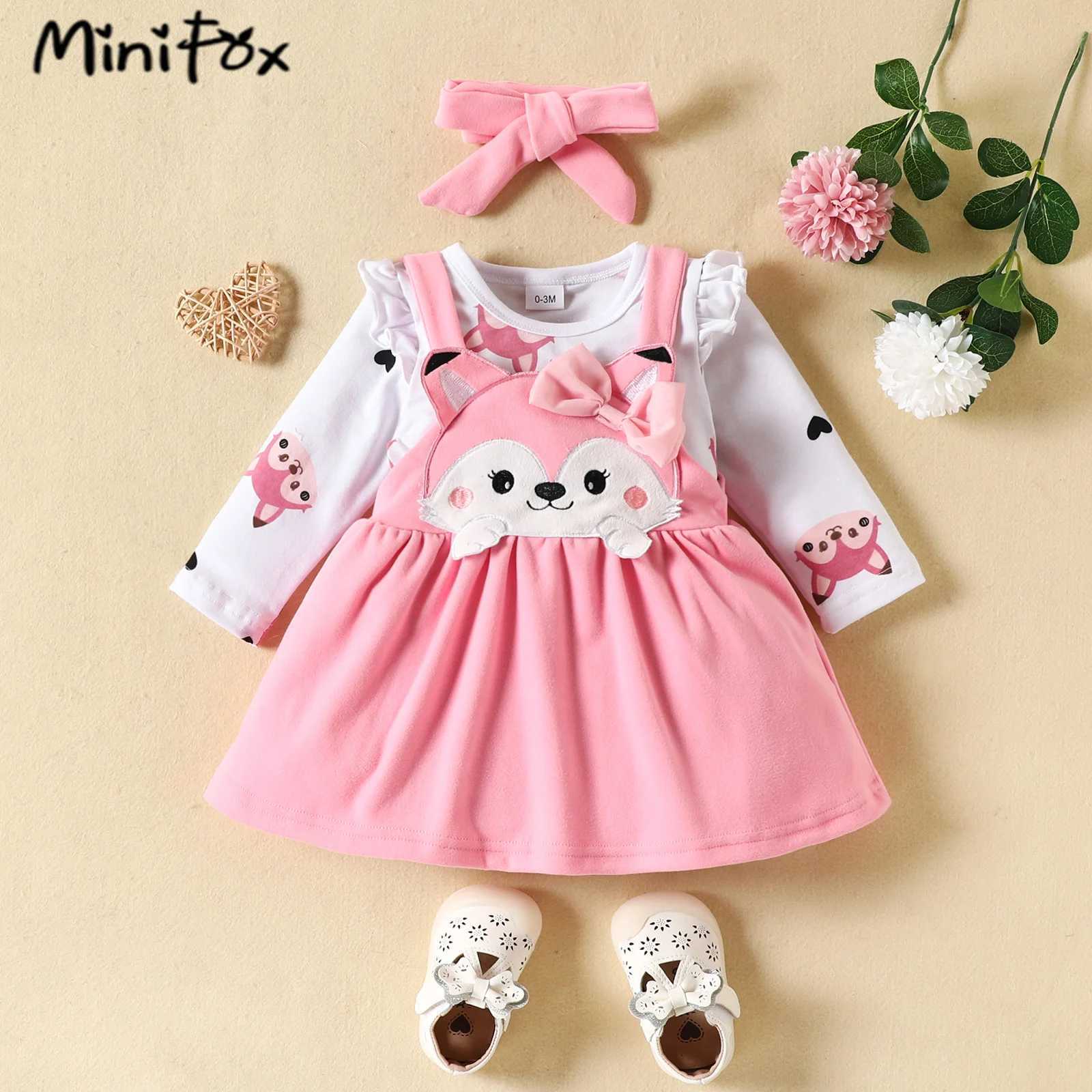 Prowow Cute Fox Baby Dress 3-Piece Heart Printed jumpsuit+Hanging Fox Dress Suitable for Girls Autumn/Winter Newborn Baby Clothing X250220
