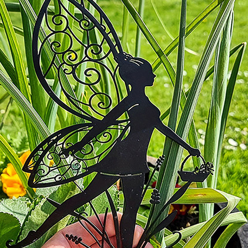 Fairy Garden Elf Metal Carrying Basket Fairy Silhouette Patio Sign For Garden Decor Outdoor Fall Decor Fence Top