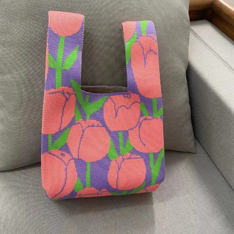 1pcs Handmade Knit Handbag Women Mini Knot Wrist Bag Japanese Casual Color Tote Student Reusable Shopping Bags 240801ZYl