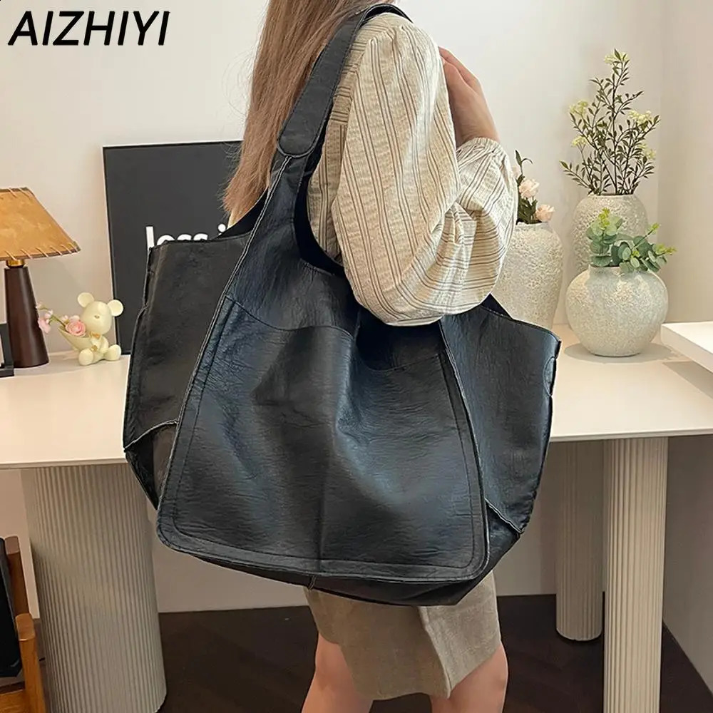 Oversized PU Leather Tote Bag Women Large Capacity Work Hobo Shoulder Bucket Purse And Handbag Big Soft Travel Shopping 240731