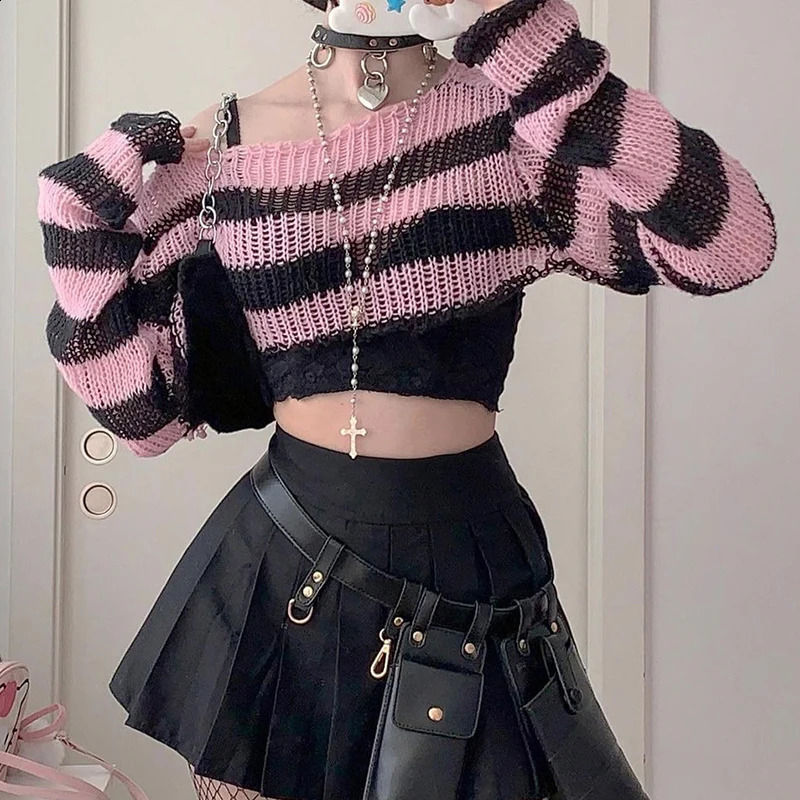 CIBBAR Vintage Y2k Cropped Sweater Smock Grunge 2000s Loose Full Sleeve Pink Striped Print Jumpers for Women Autumn Casual Chic 240812