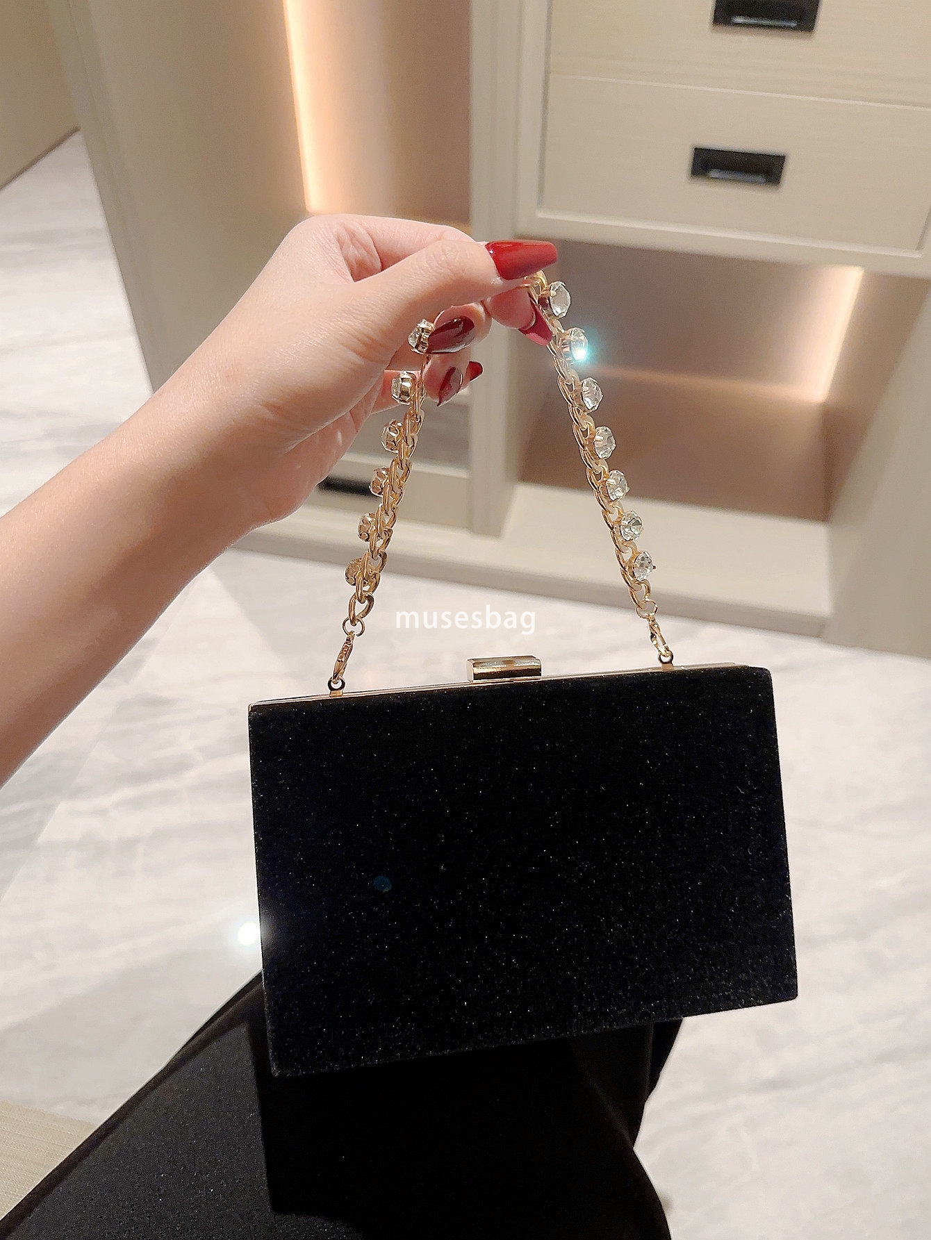 French vintage black velvet bag rhinestone chain handbag Hand handbag Socialite square bag Dinner bag dress bag