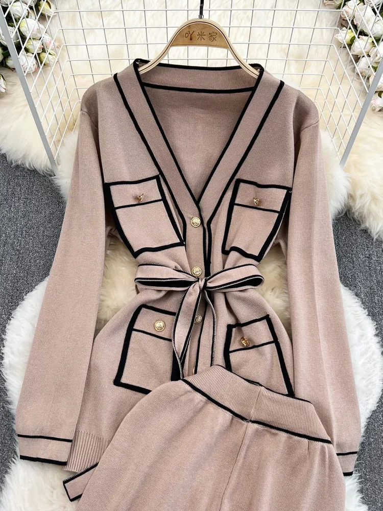 Fashion Womens Suits Autumn Long-Sleeve Lace-Up Waist Mid-Length V-Neck Knitted Cardigan Coat Wide-Leg Pants Knit Two Piec Set 240813