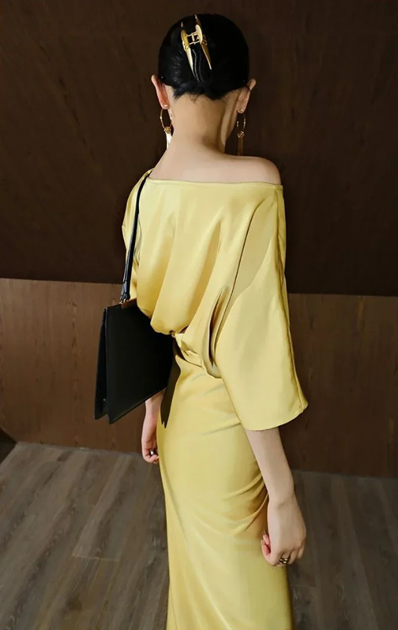 Womens Blue Satin Maxi Prom Dresses Summer Fashion One Shoulder Tie Waist Long Formal Cocktail Dresses for Women 240801