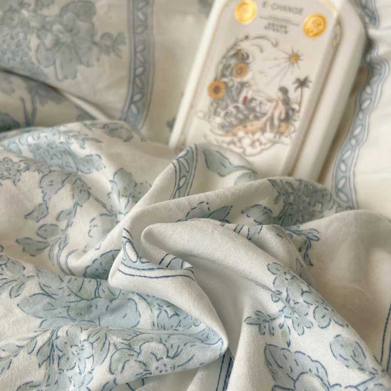 Korean style princess flower washed cotton bedding retro French floral lace ruffled down duvet cover pillowcase W240801