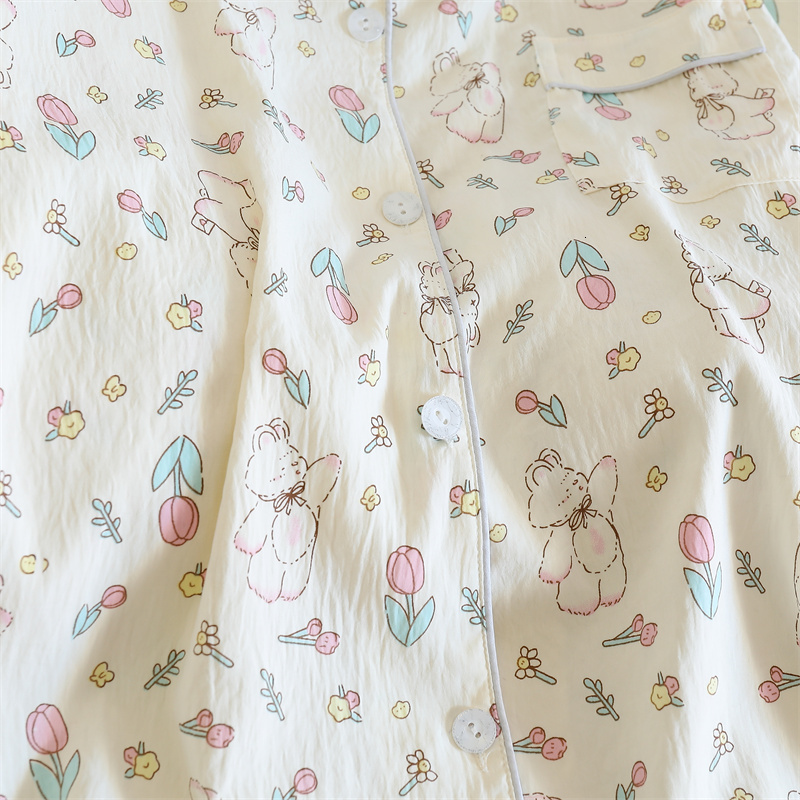 Cute Kawaii Flower Bear Pama Long Sleeve Lapel Top and Elastic Waistband Pants Set Autumn Women's Sleepwear Loungewear