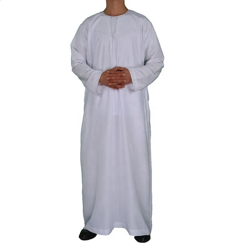 Men White Muslim Robe Islamic Kaftan Saudi Arabia Solid Color O Neck Short Sleeve Fashion Jubba Thobe Dubai Middle East Robes 240715
