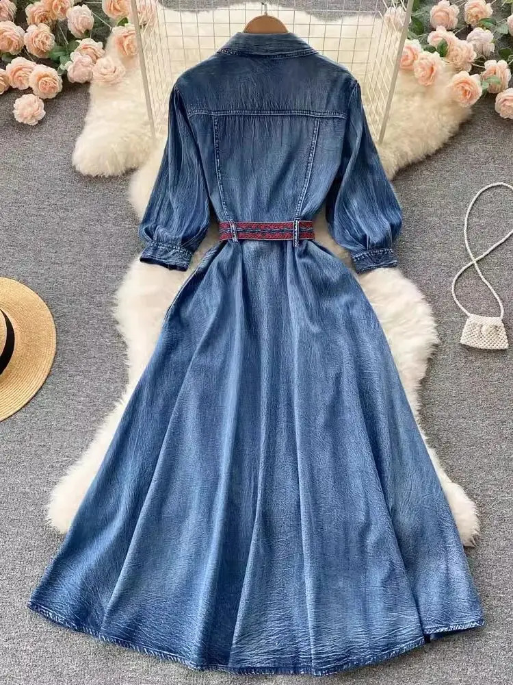 Autumn Fashion Blue Denim 100% Cotton Cowboy Dress Women Notched Three Quarter Sleeve Embroidery Jeans Elegant Long Vestidos 240801