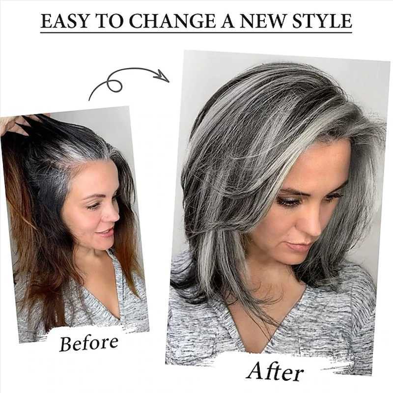 HAIRJOY Dark Grey Umbre Layered Wig with bangs suitable for black women with synthetic short hair grey high gloss straight layered Bob wig W240801