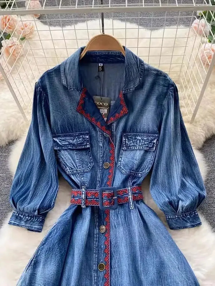 Autumn Fashion Blue Denim 100% Cotton Cowboy Dress Women Notched Three Quarter Sleeve Embroidery Jeans Elegant Long Vestidos 240801