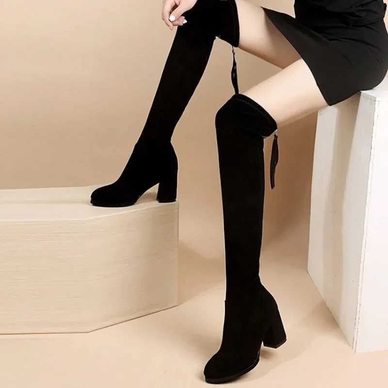 High Quality Artificial suede Fem autumn zipper elastic knee high boots used for lace high Gigh boots black Botas Mujer 20 T241206
