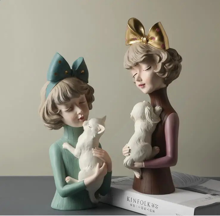 Simple and cute girl hugs dog and cat resin statue home accessories decoration craft coffee table sculpture birthday gift art 240731