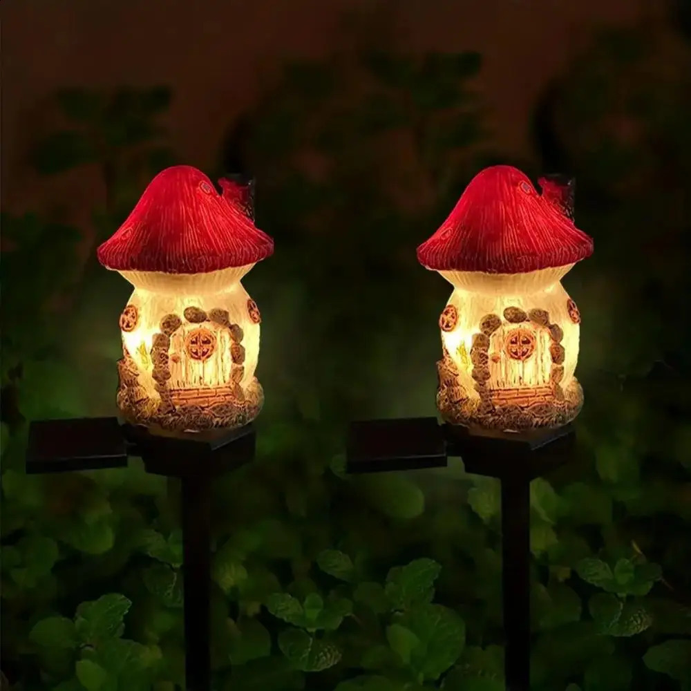 1pc creative solar resin mushroom house light waterproof small house LED floor plug light for outdoor garden lawn decoration 240801