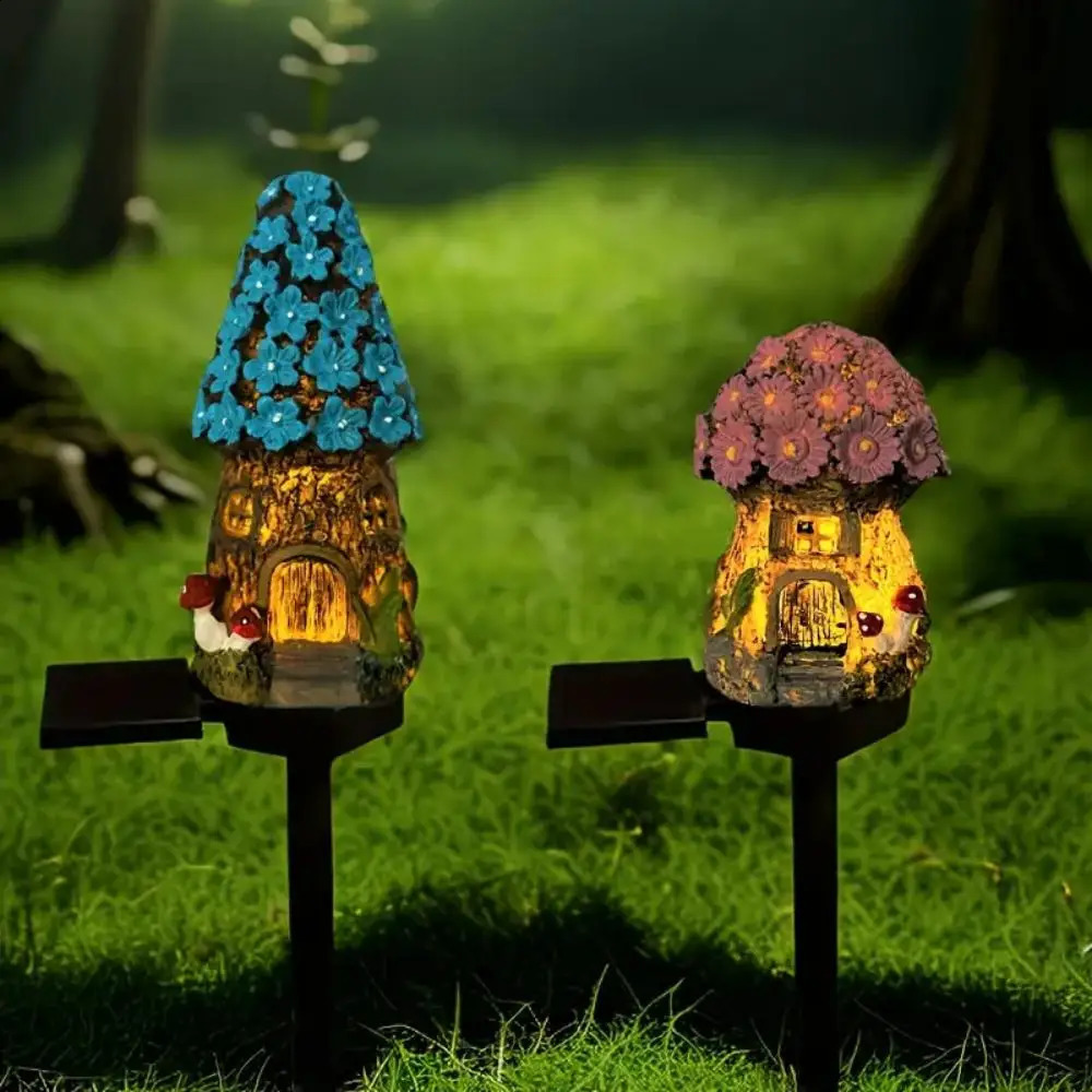 1pc creative solar resin mushroom house light waterproof small house LED floor plug light for outdoor garden lawn decoration 240801