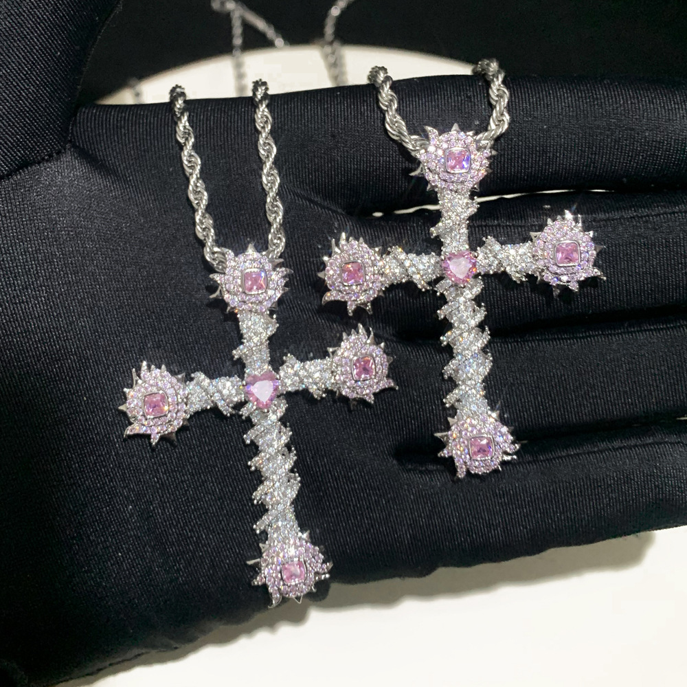 Hip Hop Pink Ziron Cross Pendant Necklace White Gold Plated Lover Couple Religious Jewelry Gift