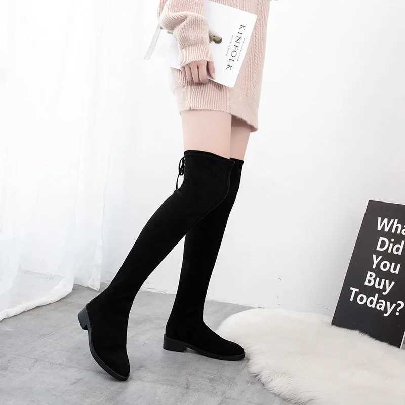 High Quality Thick high heels Fem autumn winter warm knee boots plain sexy Fi shoes black casual plus size 43 T241206