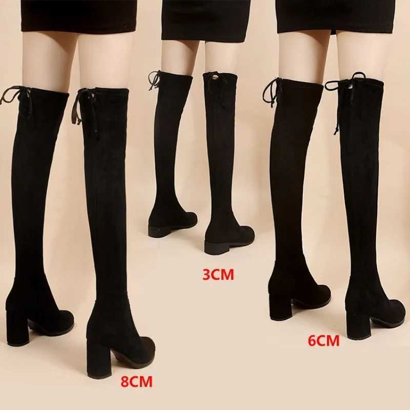 High Quality artificial suede Fem autumn zipper elastic knee high boots suitable for lace thick Gigh boots black Botas unprinted products T241206