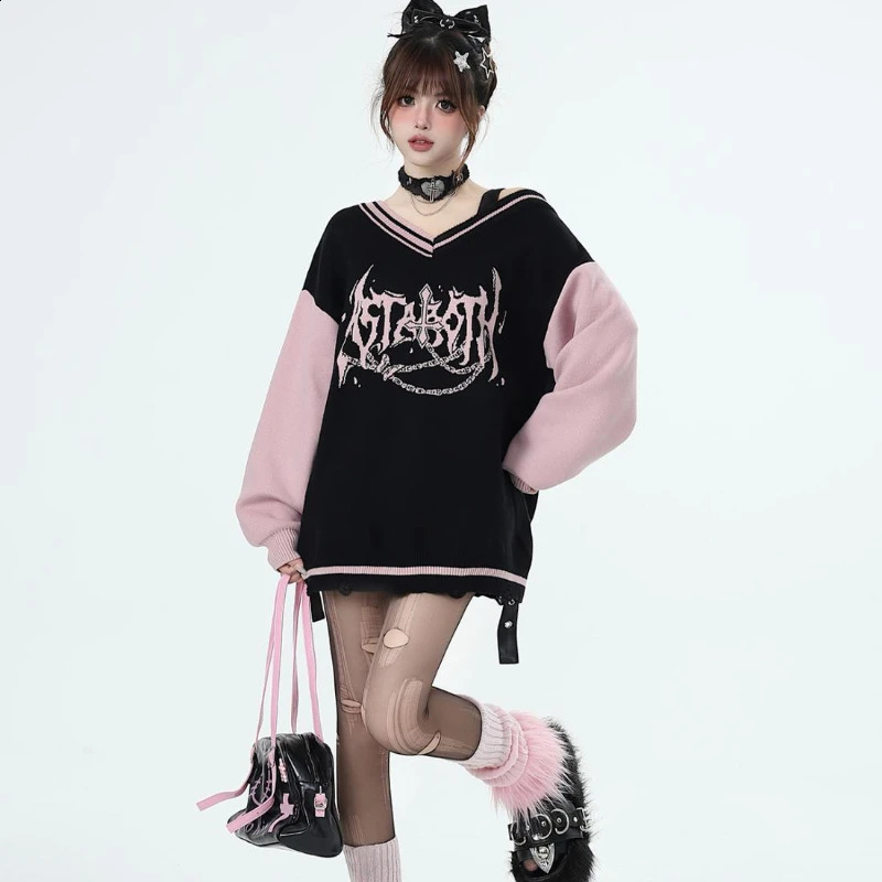Y2k Oversized Sweater Women Gothic Punk Long Sleeve Loose Top Fall and Winter Strapless V-neck Splicing Knit Pullover 240812