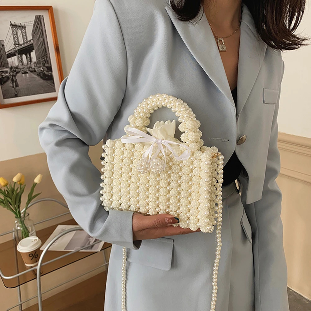Korean Handmade Beaded Pearl Bag Woven Small Coin Phone Purses Shoulder Female Evening Clutch Crossbody Tote Bags 240731