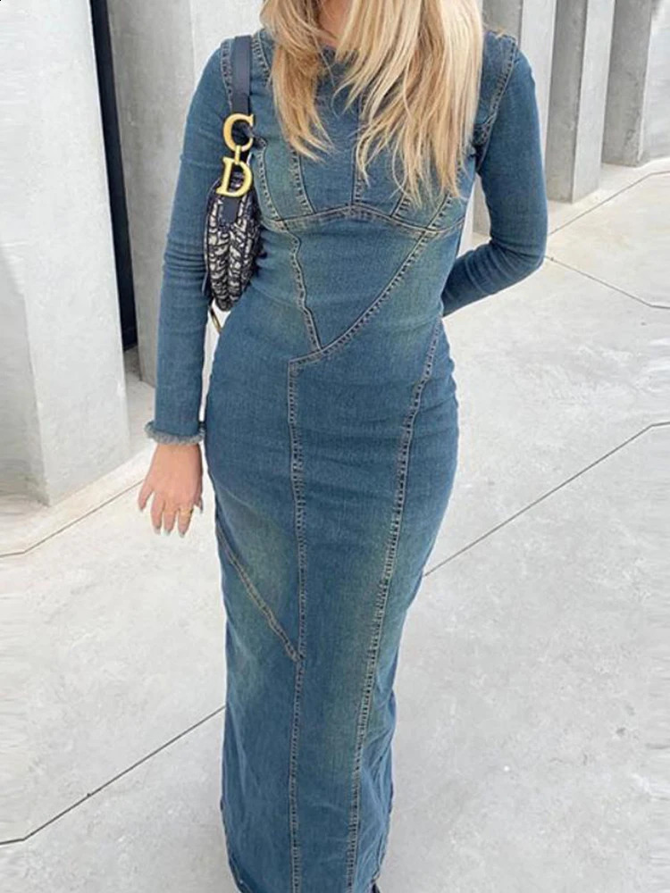 Fashion Women Denim Dress Vintage Blue Long Sleeve Back Zipper Dresses For Women Spring Causal Slim Fit Ladies Long Dresses 240801