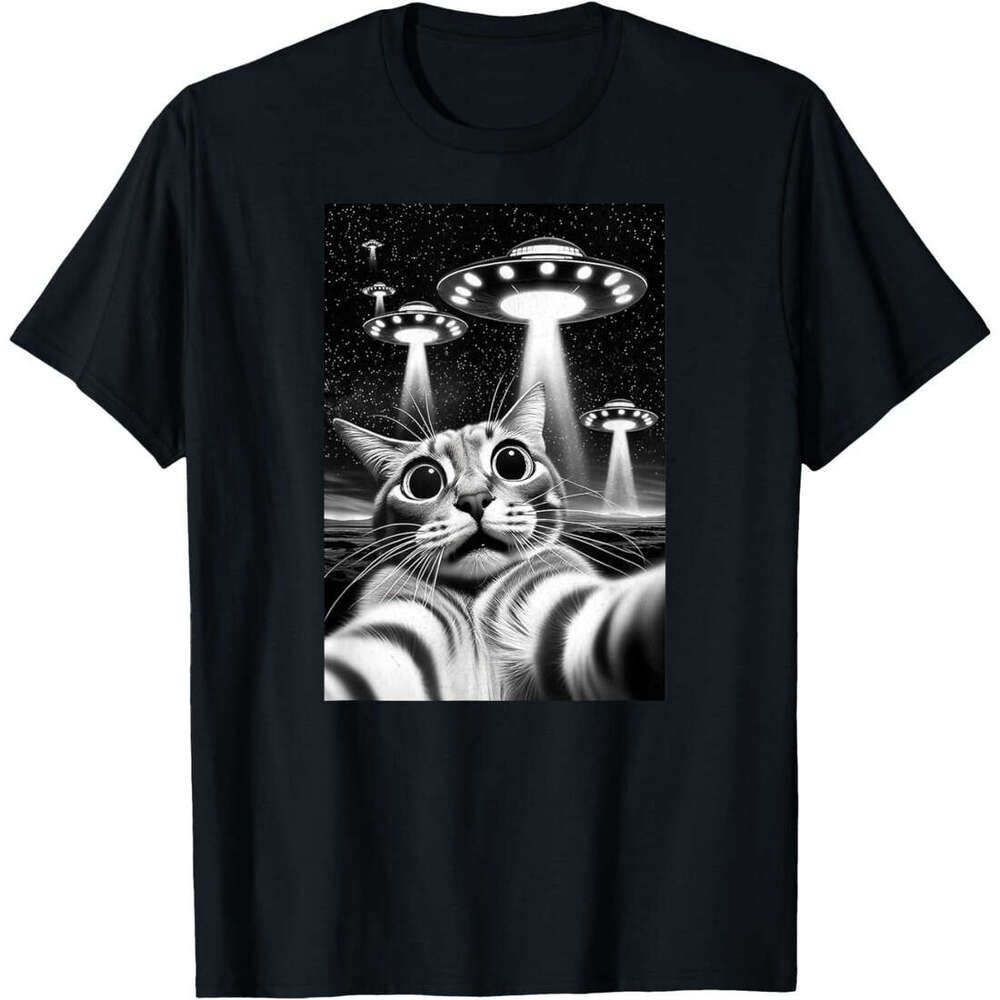 T shirt Mens Funny Invasion Meme Retro Alien Cat UFO Selfie T-Shirt shirts tshirt graphic tee Casual tops summer clothes Short sleeve Free shipping