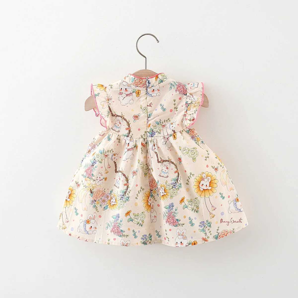Summer Baby Girls New Dress Sweet Little Rabbit Printed Fly Sleeves Suitable for Chinese Style Qipao for Children Aged 80-120 X250220